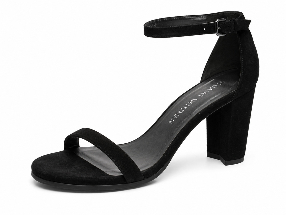 Stuart Weitzman NearlyNude Black Suede 80mm Block Heel Sandals Size 7.5